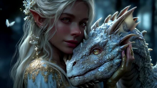 Fantasy wallpaper. A fantasythemed digital artwork depicts a female elf with long, wavy white hair adorned with delicate white flowers. She wears a golden outfit with intricate detailing.