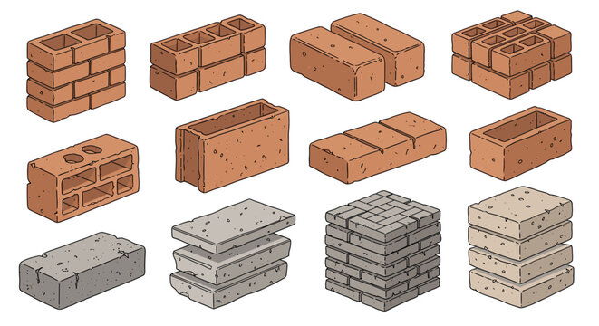 Variety of building bricks and construction blocks in red clay and gray concrete styles shown stacked and individually on white.