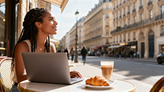 young woman working on laptop at outdoor parisian caf&eacute; with coffee and pastry in warm sunlight