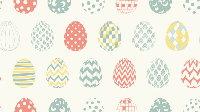 Seamless pattern features various colorful easter eggs decorated with dots stripes and geometric patterns on a soft cream background.