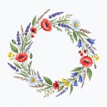 Watercolor wreath of red poppies, lavender, bluebells, and daisies