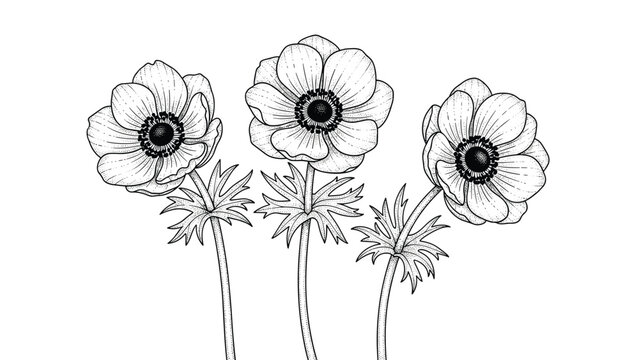 Artistic black and white ink sketch illustrates three beautiful anemone flowers on long stems with detailed petals and centers.