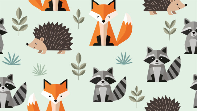 Seamless pattern of geometric forest animals includes a fox raccoon and hedgehog with stylized leaves on a light green base.