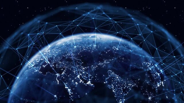 Global Connection Lines. Earth Network Data Transfer. Futuristic AI Technology, 5G, Globe Satellite Communication, Internet Connectivity, Big Data, Digital World Background Animation. Crypto Exchange