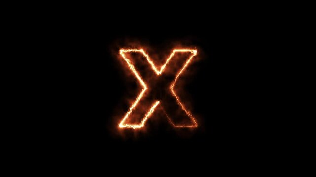 Glowing letter x with fiery plasma energy effect on black background, alphabet typography fire flames