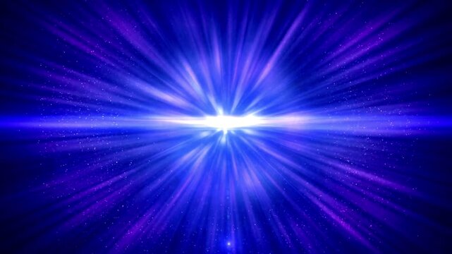 Bright cosmic flare shines with purple light rays and sparkling particles in deep space.