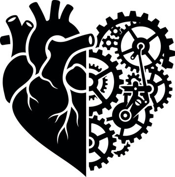 Human heart with mechanical gears flat vector illustration for emotional intelligence and cardiology technology concept design