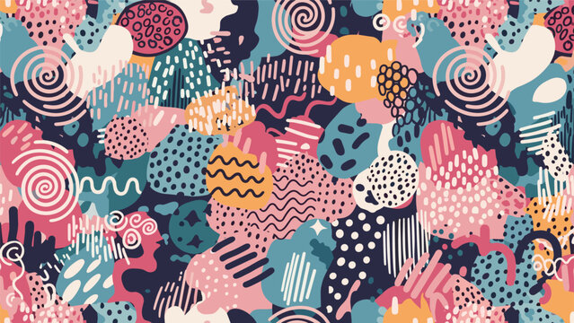 Colorful abstract seamless pattern is composed of various artistic shapes textures brushstrokes and hand drawn elements.
