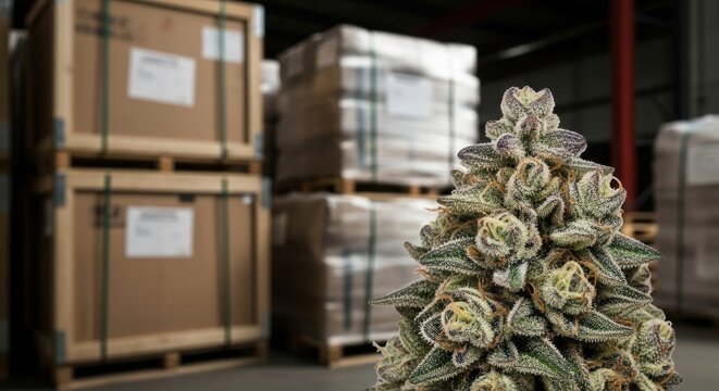 Close-up of a dense cannabis bud in a warehouse setting with stacked boxes in the background