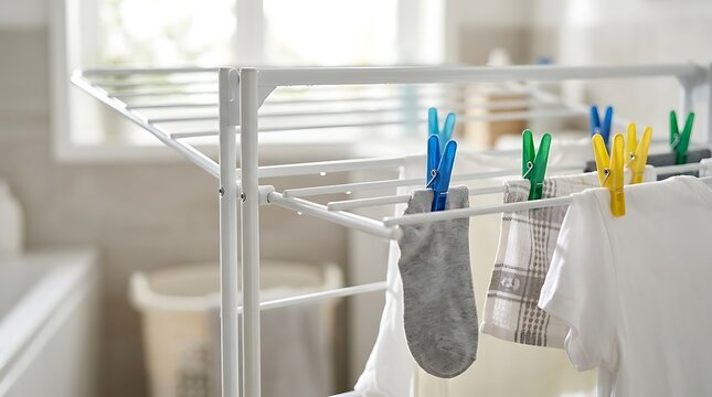 Clothes drying rack with colorful clips, freshly washed laundry and clean atmosphere