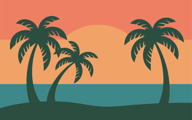 Obraz premium Summer tropical beach sunset background with palms, sky and sunset. Summer placard poster flyer invitation card. Vector illustration design