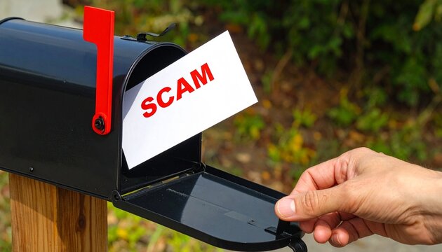 Hand removes scam envelope from mailbox with raised red flag