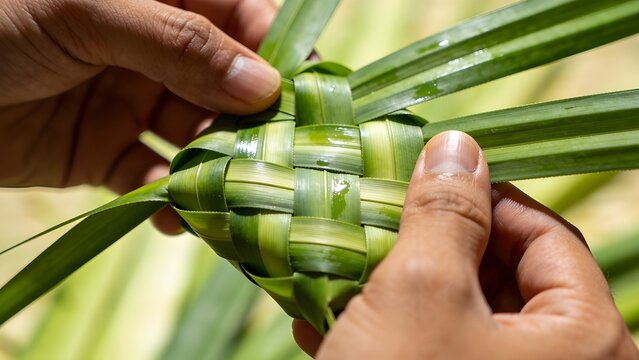 Macro Janur Coconut Leaf Weaving for Traditional Offering Canang Sari with Nimble Hands Focus