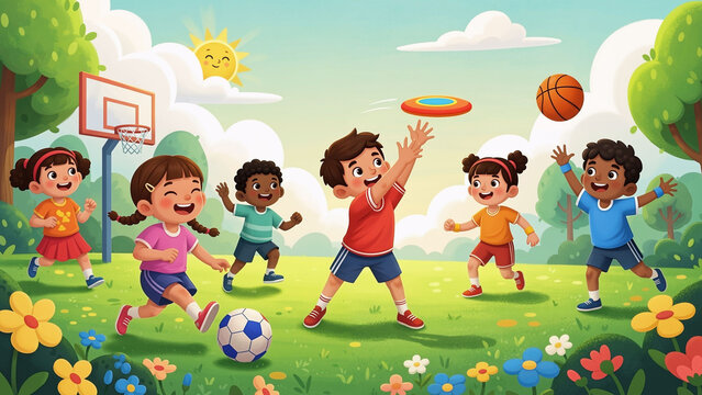 Group of happy multiracial kids playing outdoor sport games in a sunny park with flowers. Children having fun activity in nature. Summer camp and childhood concept.