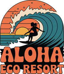 Summer women's color hand drawn t-shirt print. surfing under the big waves. vintage t shirt design. retro color print. aloha eco resort. colorful beach vector illustration © Urmi Bagum Urme