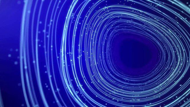 Abstract blue lines form a rotating tunnel background with glowing particles and depth.