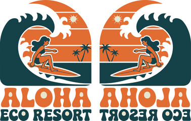 Summer women's color hand drawn t-shirt print. surfing under the big waves. vintage t shirt design. retro color print. aloha eco resort. Vector illustration design © Urmi Bagum Urme