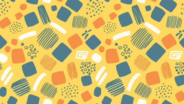 Seamless abstract pattern with colorful squares, lines, and dots in blue, orange, and yellow tones for modern and vibrant graphic designs.