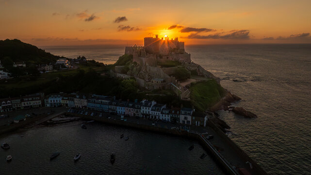 Sunrise Over Mont Orgueil Castle and Gorey Harbour | Aerial View Jersey Channel Islands