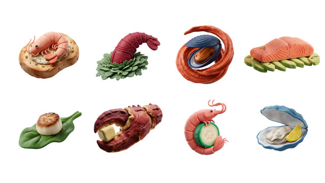 Premium Seafood 3D Icons Collection with Shrimp Lobster Salmon and Oyster Isolated on Transparent PNG