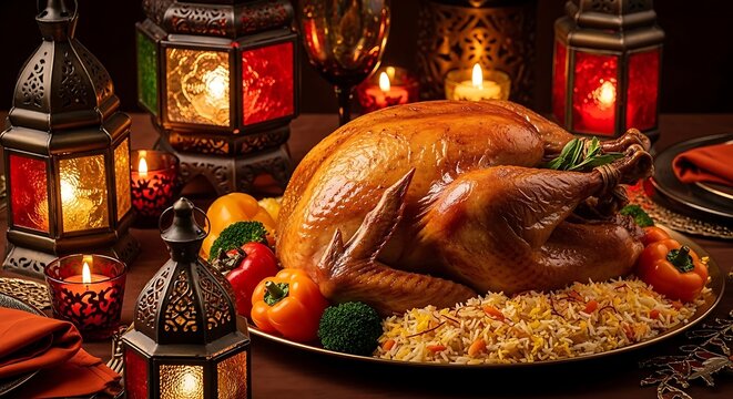 Eid al adha celebration roasted turkey feast with traditional lanterns and festive decorations