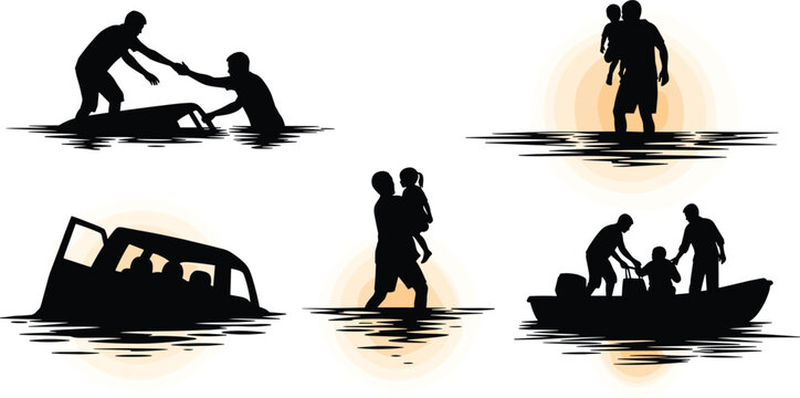 Flood Rescue Silhouette Set with People Helping, Carrying Children, Sinking Vehicle, and Boat Evacuation for Disaster and Emergency Relief Designs
Flood Rescue Silhouette Set with People Helping, 