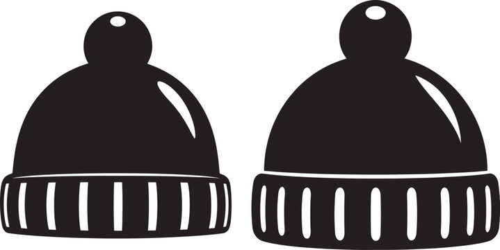 Two black silhouette beanie hats with pom pom icon