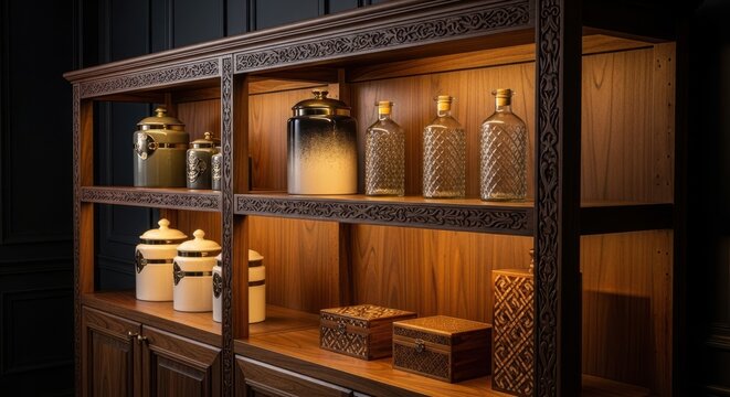 Dark Walnut Stained Wooden Garage Shelving System with Ornate Carvings and Decorative Storage Containers