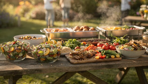 Medium frame capturing vibrant casual buffet with colorful salads and steaming warming trays on a picnic table subtle background bokeh emphasizing the food setup.