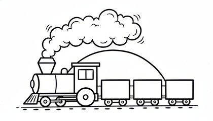 Fototapeta premium Cartoon train illustration with steam and freight cars on tracks 