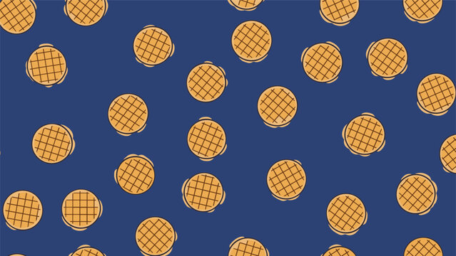 Fun and playful seamless pattern of golden brown round waffles with grid patterns scattered across a dark navy blue background.