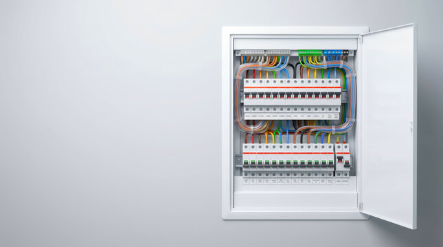 Professional electrical panel installation with circuit breakers and colorful wiring for residential maintenance and repair services showing power distribution system in a modern building.