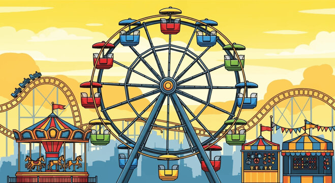 Colorful carnival, amusement park rides, ferris wheel, vector illustration, theme park attractions