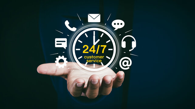Hand holding a clock with 24/7 customer service icons and communication symbols support time