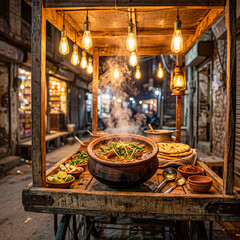 Obraz premium Authentic Pakistani Street Food Stall Night Market Steaming Hot Nihari Clay Bowl Wooden Cart Warm Golden Light Cinematic Food Photography Pakistan