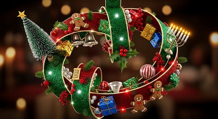 Naklejka premium Christmas Wreath with Ribbons and Ornaments.