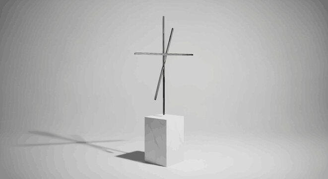 Cross on a white block.