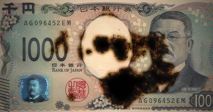 1000 yen of Japan banknote with smoldering and slowly burning from the glowing edge, Japanese paper money, burning yen banknote turning to ash, inflation, loop footage