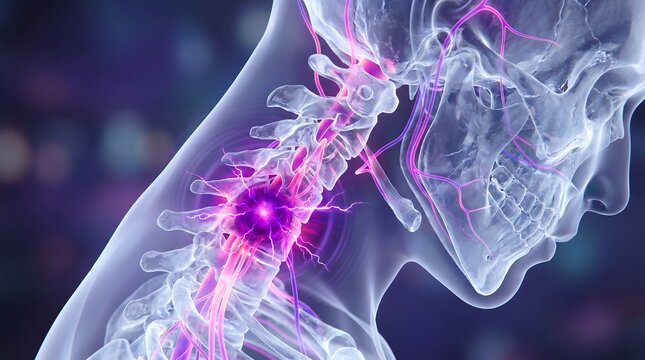 Neck pain cervical spine injury, forward head posture and spinal cord pressure, medical 3D illustration