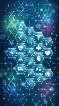 Abstract Medical Background with Hexagonal Icons and DNA Helix Structure.
