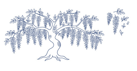 Fototapeta premium cassia blooming tree hand drawn vector ink traditional oriental asian Indian design isolated