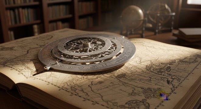 Ornate antique astrolabe resting on a detailed historical map, invoking the spirit of ancient celestial navigation and exploration.