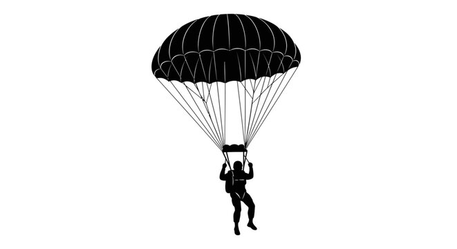 Skydiver Silhouette with Parachute Isolated on White Background