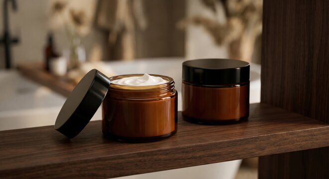 Luxury skincare cream in amber glass jars on walnut shelf