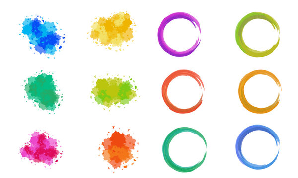 Watercolor splash, paint texture, brush stroke, color stain, abstract background set. Vibrant splashes and strokes isolated on white for creative design use