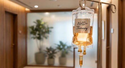 Fototapeta premium NAD+ Therapy IV drip bag in luxury wellness clinic
