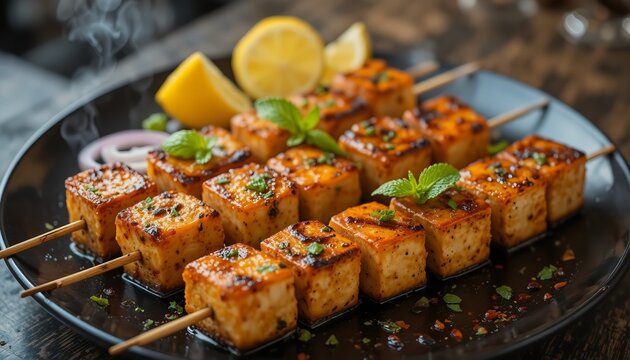 Hot grilled paneer tikka skewers on a black platter, golden charred cubes with steam, lemon slices, onion rings, fresh mint, rustic wooden table, appetizing Indian vegetarian dish