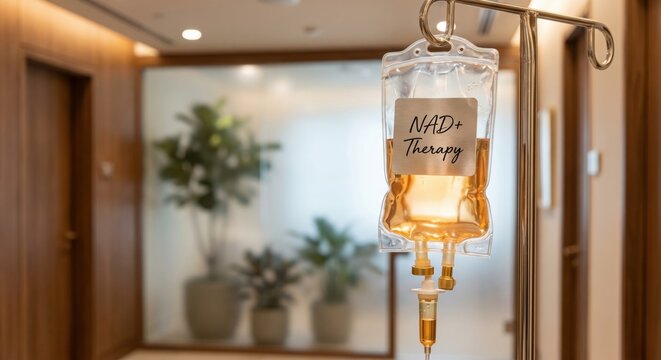 NAD+ Therapy IV drip bag in luxury wellness clinic