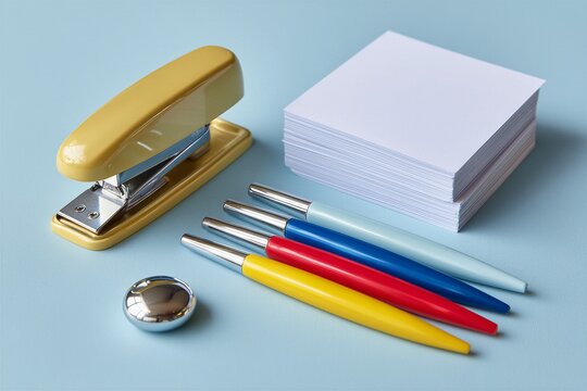 A clean and minimalist collection of colorful office supplies including a yellow stapler, a stack of white note papers, and vibrant pens neatly arranged on a bright light blue background.