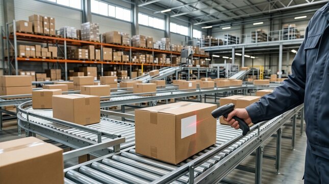 A warehouse worker scans a barcode on a cardboard box moving along a conveyor belt system in a modern logistics distribution center. Efficient supply chain and shipment processing scene.